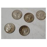 5 Washington Silver Quarters 1964