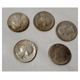 5 Washington Silver Quarters 1964