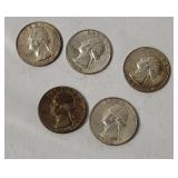 5 Washington Silver Quarters 1964