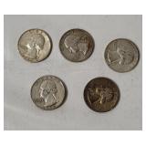 5 Washington Silver Quarters 1960's