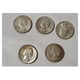 5 Washington Silver Quarters 1964