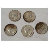 5 Washington Silver Quarters 1964