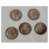 5 Washington Silver Quarters 1964