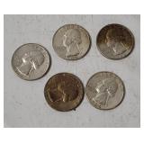5 Washington Silver Quarters 1964