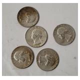 5 Washington Silver Quarters 1964