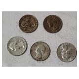 5 Washington Silver Quarters 1964