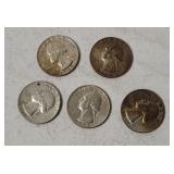 5 Washington Silver Quarters 1964