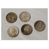 5 Washington Silver Quarters 1964