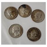 5 Washington Silver Quarters 1964