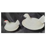 2 Hen On Nest Milk Glass Dishes