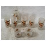 Vtg Pheasants Frosted Pitcher & Glasses Set