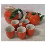 Vtg Maruhon Ware Pumpkin Kettle, Pitcher & Cups