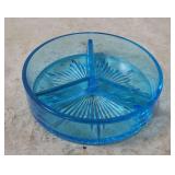 Vtg Blue Art Glass Divided Dish