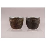 Chinese Fine Coconut Silver Carved Cups 2pc