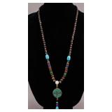Chinese Wood Beads & Turquoise Carved Necklace