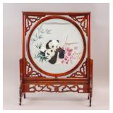 Chinese Rosewood Silk Embroidery Panda w/ Stand