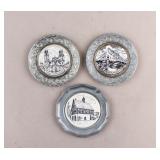 Vintage Pewter Encased Porcelain Wall Plaques 3pc