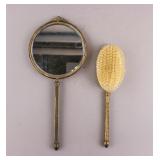Antique Victorian Brass Hand Mirror & Brush
