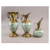 Turquoise Teal Delftware Brass Pitchers 3pc