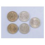 1970 - 1974 Republic of China $5 Coins 5pc