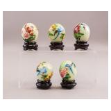 Chinese Painted Stone Eggs with Stands 5pc