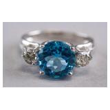 14k White Gold Topaz & 2 Diamonds Ring w/Appraisal