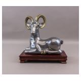 Vintage Pewter Brass Ram Sculpture w/ Stand
