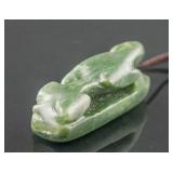 Chinese Green Jade Carved Couching Dragon Pendant