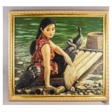 Chinese Large Framed Oil on Canvas Cheongsam