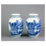 Chinese 18c Export Blue & White Porcelain Jars 2pc