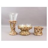 Vintage Gilt Bow Candle Holders w/ Glass 3pc