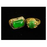 Chinese Gold-plated Green Hardstone Rings 2pc