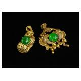 Chinese Gold-plated Green Stone Pendants 2pc