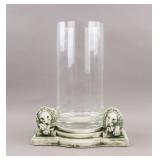 Vintage Glass Cylinder Vase w/ Stone Lion Stand