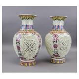 Chinese Rolling Famille Rose Vases Pair Qianlong