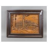 Vintage Wood Carved Landscape Framed Relief Panel
