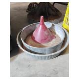 metal pans and funnel
