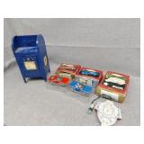 Tin mailbox and Christmas ornament cars