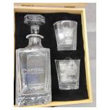 Capital City bobcat whiskey bottle and glasses