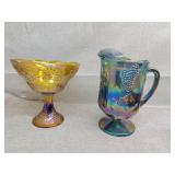 Carnival glass bowl and pitcher