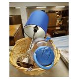 Small table lamp, basket and beverage dispenser