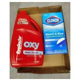 Carpet cleaner half full and Clorox cleaners