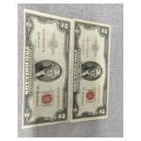 Two red seal $2 bills 1953 a