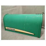 Metal John Deere mailbox is faded