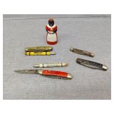 Pocket knives and plastic salt shaker aunt Jemima