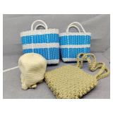 Two plastic woven bags, crocheted bag and hat