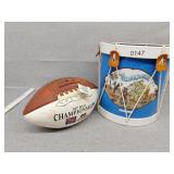 Signed football and Clarion teddy bear drum