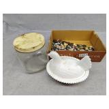 Hen and basket, buttons and glass jar