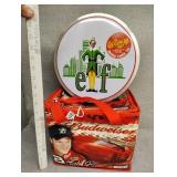 Budweiser soft cooler and elf tin