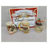 Budweiser tin, 2 beer steins and glass mug
